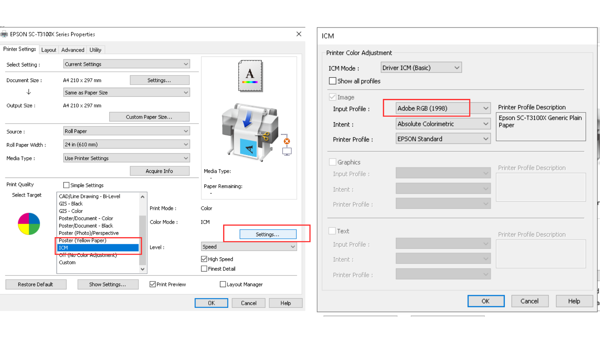 ICM Setting Adobe RGB Epson Driver by uprintershop